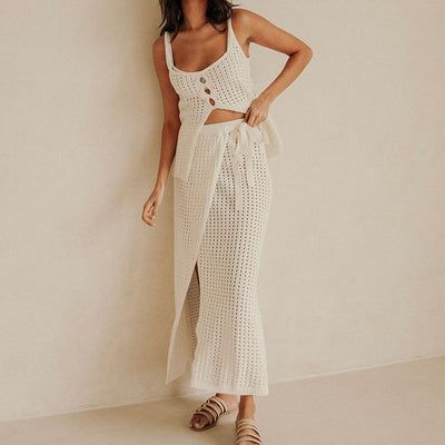 Ensemble Femme Strandsett – Top Court Tricoté – Jupe Maxi avec Fente et Nouage