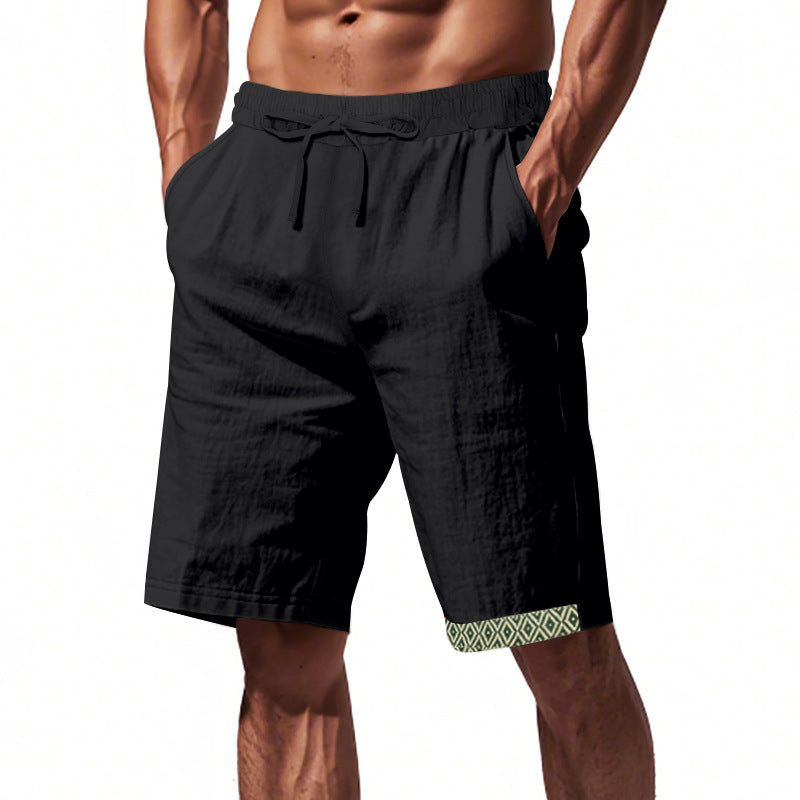 Shorts en lin pour hommes – Coupe décontractée – Tissu respirant – Cordon à la taille – Détails boho