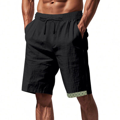 Shorts en lin pour hommes – Coupe décontractée – Tissu respirant – Cordon à la taille – Détails boho