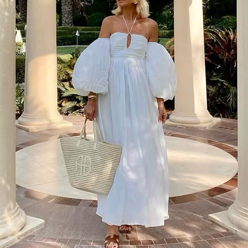 Robe Maxi Femme – Épaules Nues – Manches Bouffantes – Détail Découpé – Coupe Ample