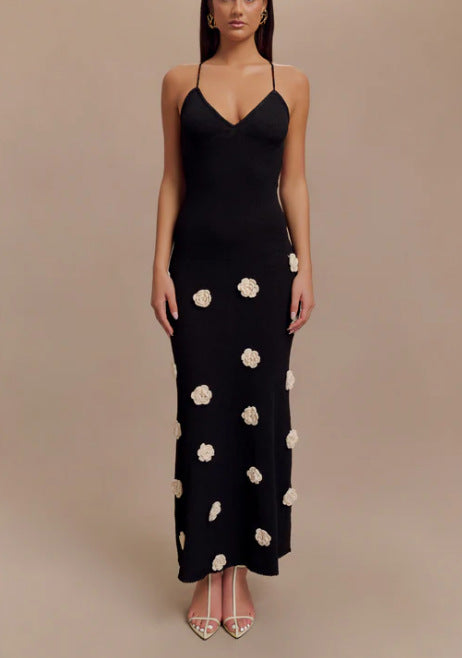 Robe pour femme – Coupe ajustée – Tissu tricoté – Fleurs 3D – Dos ouvert avec lien