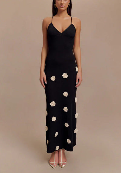Robe pour femme – Coupe ajustée – Tissu tricoté – Fleurs 3D – Dos ouvert avec lien