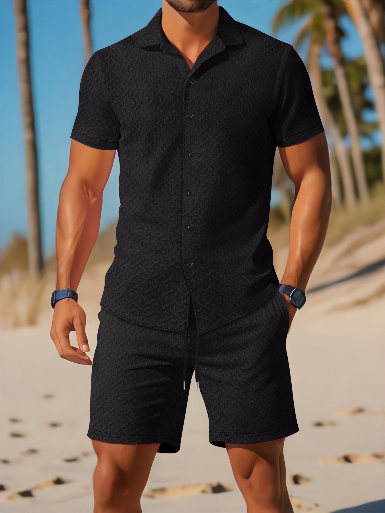 Ensemble Homme Chemise et Shorts – Coupe Slim – Tissu Léger et Respirant – Texture Imprimée