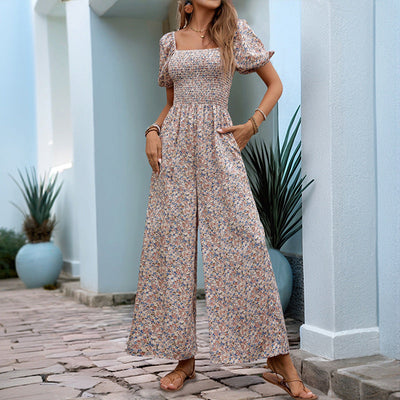 Combinaison Femme – Coton Léger – Taille Froncée – Jambes Amples – Manches Bouffantes – Motif Floral