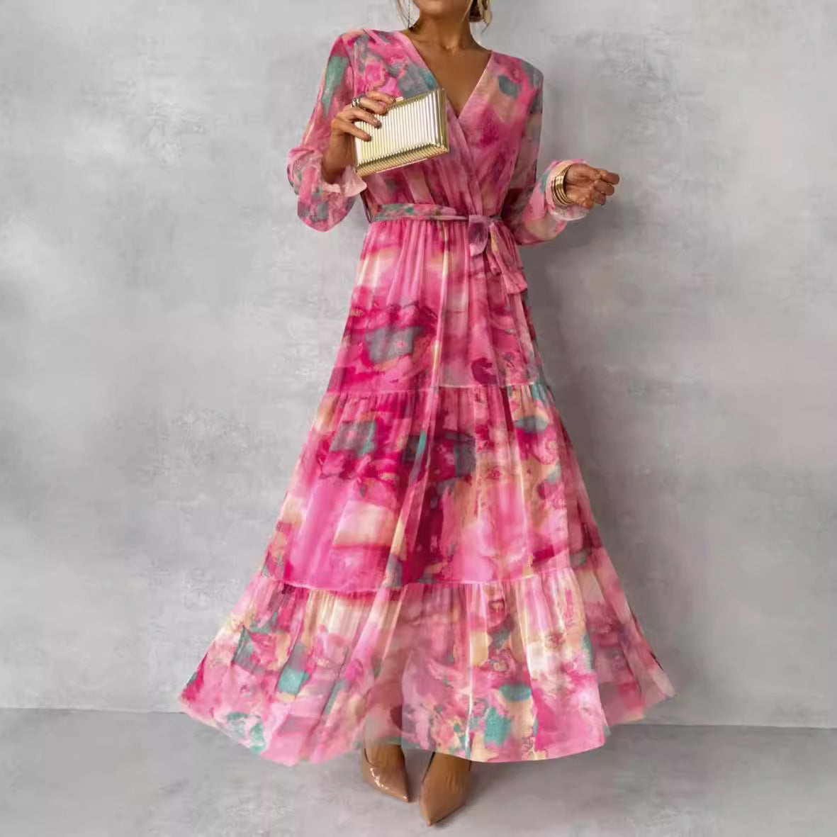 Robe maxi fluide femme style bohème en tissu léger, coupe ample taille haute