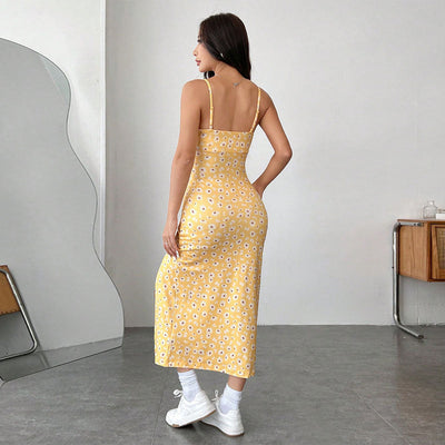 Robe pour femme – Coupe ajustée – Bretelles spaghetti – Imprimé floral – Fente – Mélange de coton