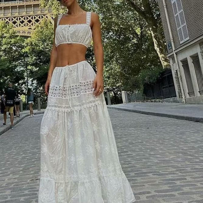 Ensemble Femme – Haut en Dentelle Débardeur – Jupe Taille Haute avec Volants et Cordon