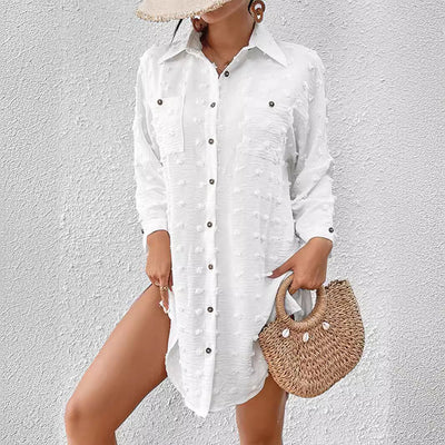 Chemise Cardigan Femme – Chiffon Jacquard – Coupe Oversize – Détails Pom-Pom – Manches Longues