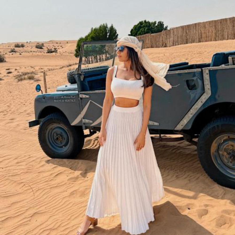 Ensemble Femme – Top Court en Maille Côtelée et Jupe Maxi Plissée – Coupe Ajustée