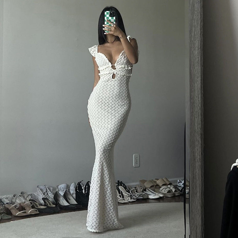 Robe pour femme – Coupe ajustée – Décolleté en V profond – Dos ouvert avec lien – Découpes