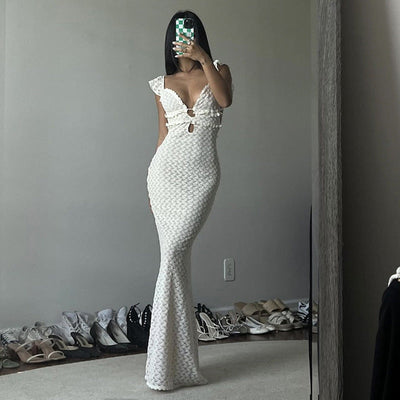 Robe pour femme – Coupe ajustée – Décolleté en V profond – Dos ouvert avec lien – Découpes