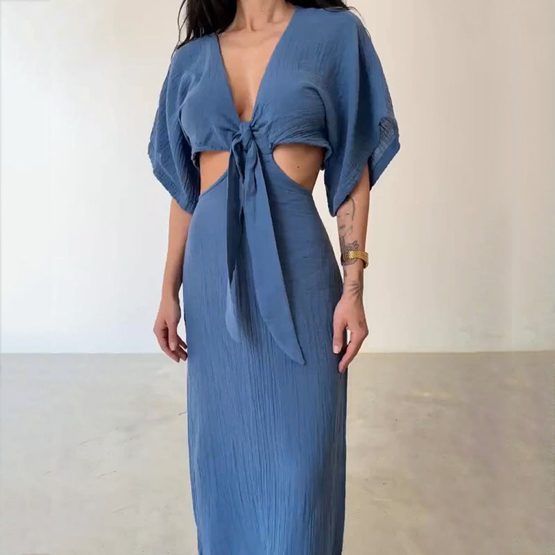 Robe femme – Robe maxi – Coupe ajustée – Col en V – Découpes – Dos nu