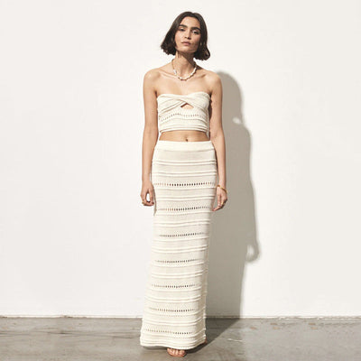 Ensemble Femme – Top Bandeau au Crochet et Jupe Midi Haute – Coupe Ajustée