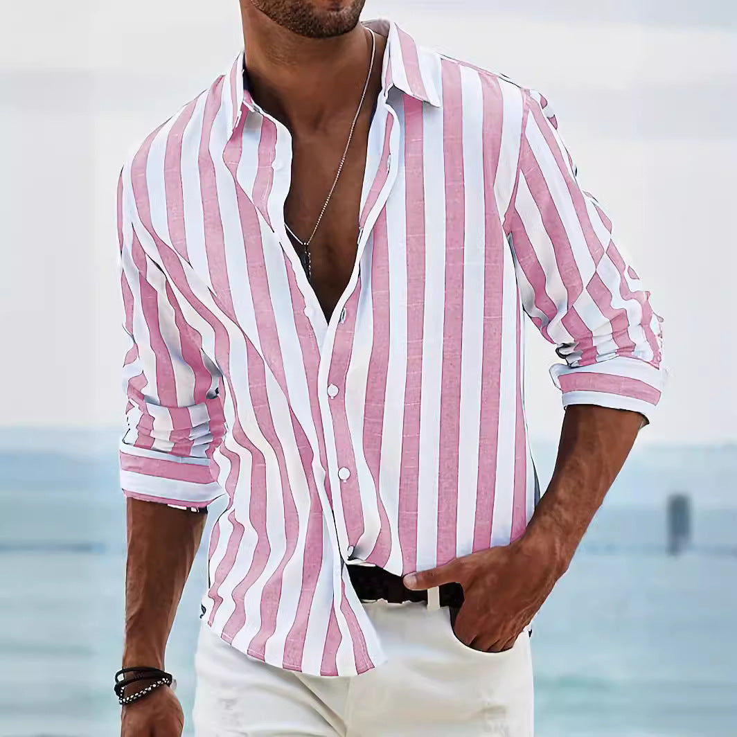 Chemise pour homme à manches longues – Mélange coton-lin – Coupe décontractée – Rayée