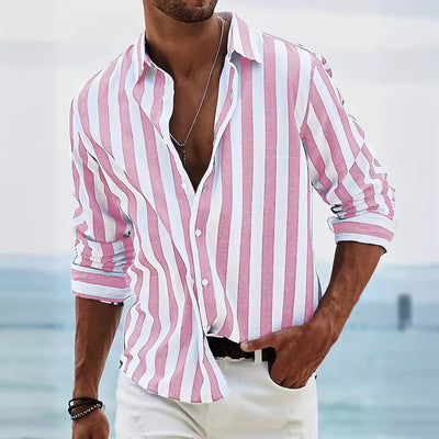 Chemise pour homme à manches longues – Mélange coton-lin – Coupe décontractée – Rayée