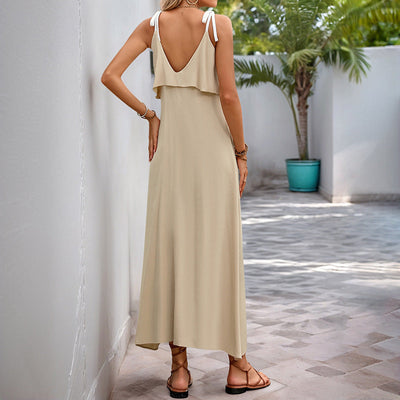 Robe femme – Sans manches – Coupe ample – Bretelles ajustables – Détails volantés – Longueur cheville