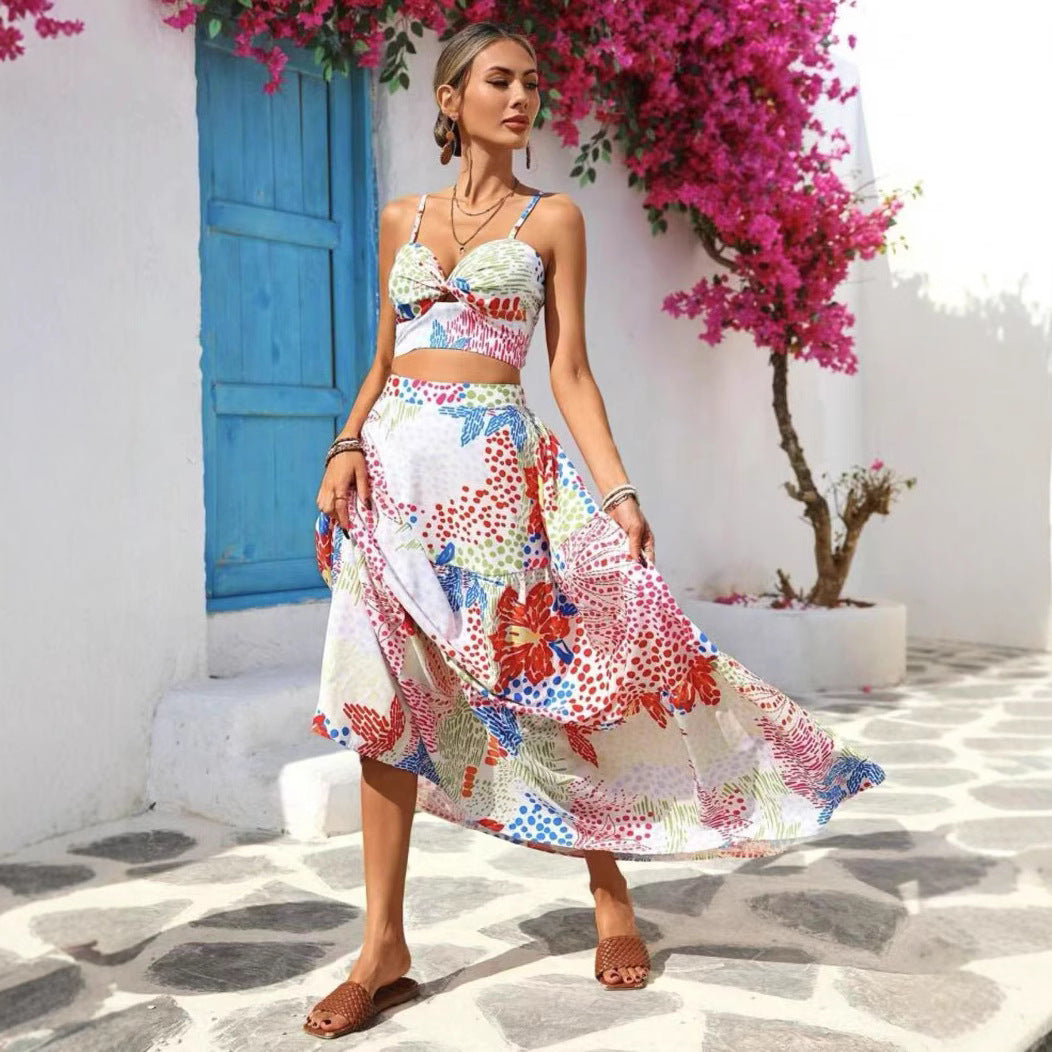 Ensemble Femme – Top Court Sans Manches Avec Fines Bretelles – Jupe Longue A-ligne – Tissu Léger