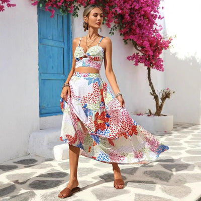 Ensemble Femme – Top Court Sans Manches Avec Fines Bretelles – Jupe Longue A-ligne – Tissu Léger