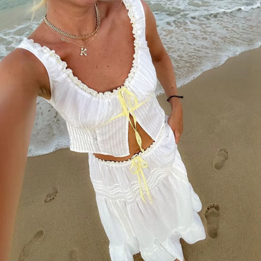 Ensemble Femme – Haut en Dentelle Ajusté – Jupe Midi Taille Haute en Tissu Léger