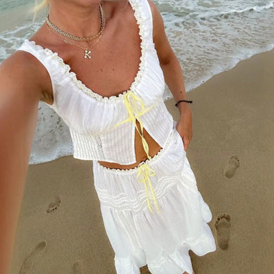 Ensemble Femme – Haut en Dentelle Ajusté – Jupe Midi Taille Haute en Tissu Léger