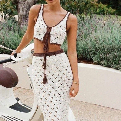 Jupe Femme – Coupe Slim – Tricot Crocheté – Longueur Midi – Taille Contrastante