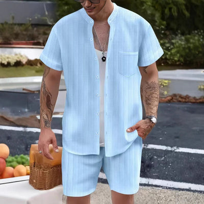 Ensemble Homme – Chemise à Col Henley et Shorts – Coupe Décontractée Légère et Respirante