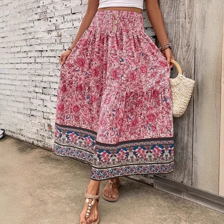 Jupe Longue Femme – Imprimé Floral Bohème – Taille Élastique – Mélange de Coton Aéré