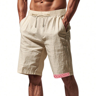Shorts en lin pour hommes – Coupe décontractée – Tissu respirant – Cordon à la taille – Détails boho