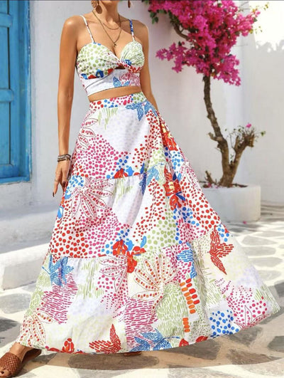 Ensemble Femme – Top Court Sans Manches Avec Fines Bretelles – Jupe Longue A-ligne – Tissu Léger