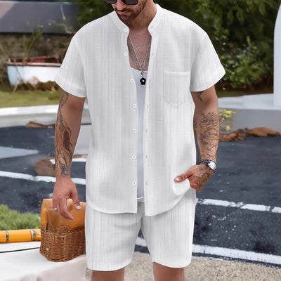 Ensemble Homme – Chemise à Col Henley et Shorts – Coupe Décontractée Légère et Respirante
