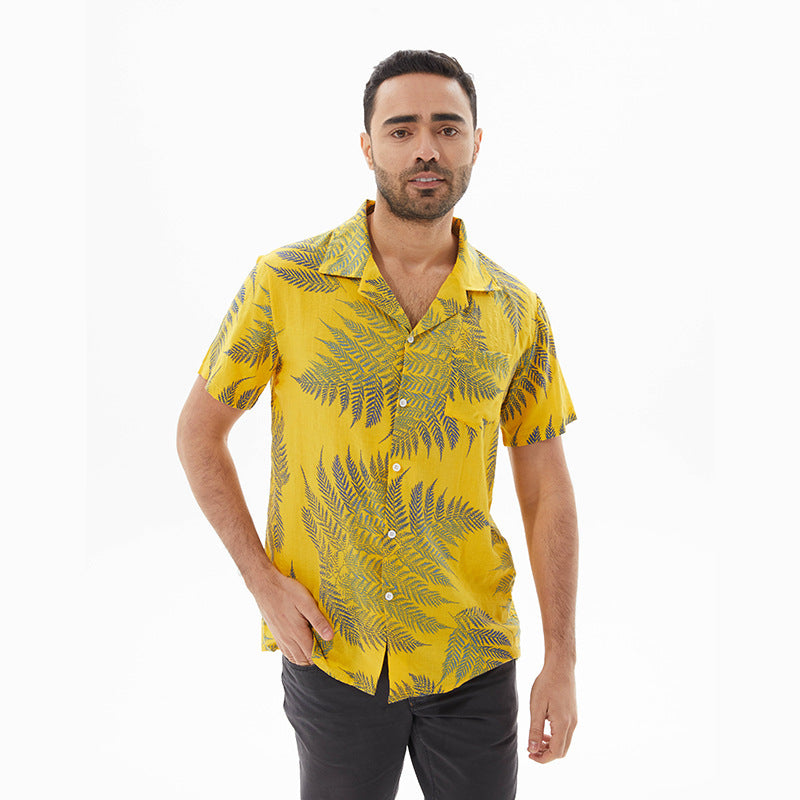 Chemise pour homme à manches courtes – Coupe décontractée – Tissu léger et respirant – Motif feuillage