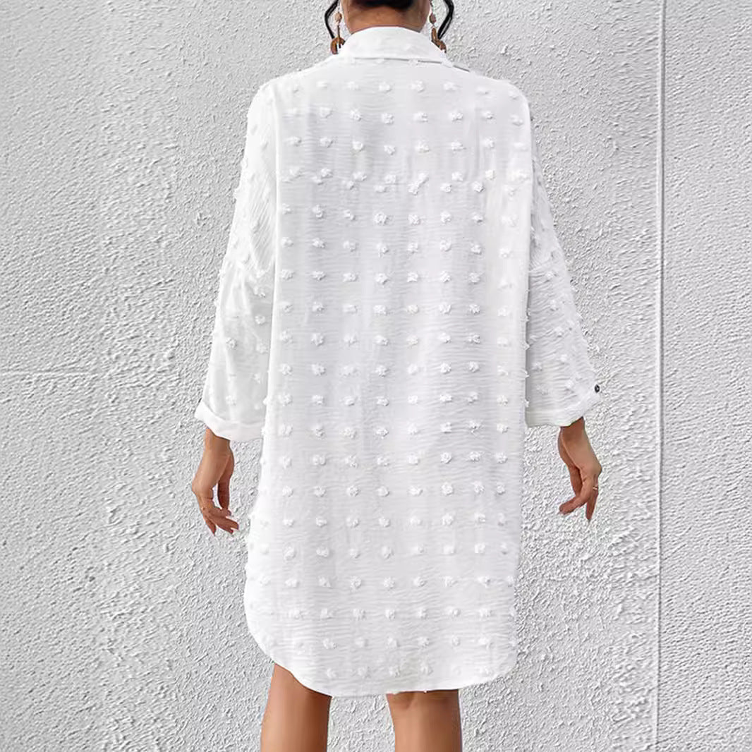 Chemise Cardigan Femme – Chiffon Jacquard – Coupe Oversize – Détails Pom-Pom – Manches Longues