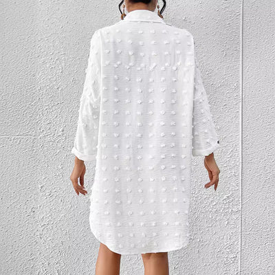 Chemise Cardigan Femme – Chiffon Jacquard – Coupe Oversize – Détails Pom-Pom – Manches Longues