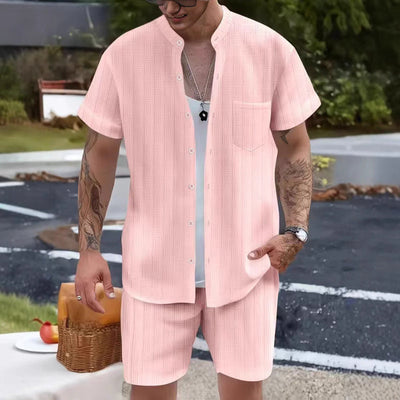 Ensemble Homme – Chemise à Col Henley et Shorts – Coupe Décontractée Légère et Respirante
