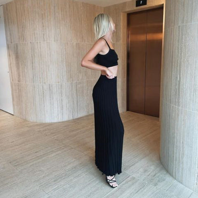 Ensemble Femme – Top Court en Maille Côtelée et Jupe Maxi Plissée – Coupe Ajustée