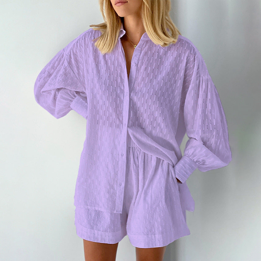 Ensemble femme avec blouse et shorts – Tissu jacquard – Coupe décontractée – Manches bouffantes