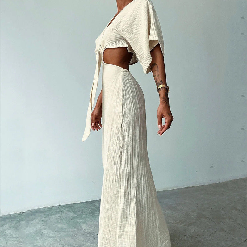 Robe femme – Robe maxi – Coupe ajustée – Col en V – Découpes – Dos nu