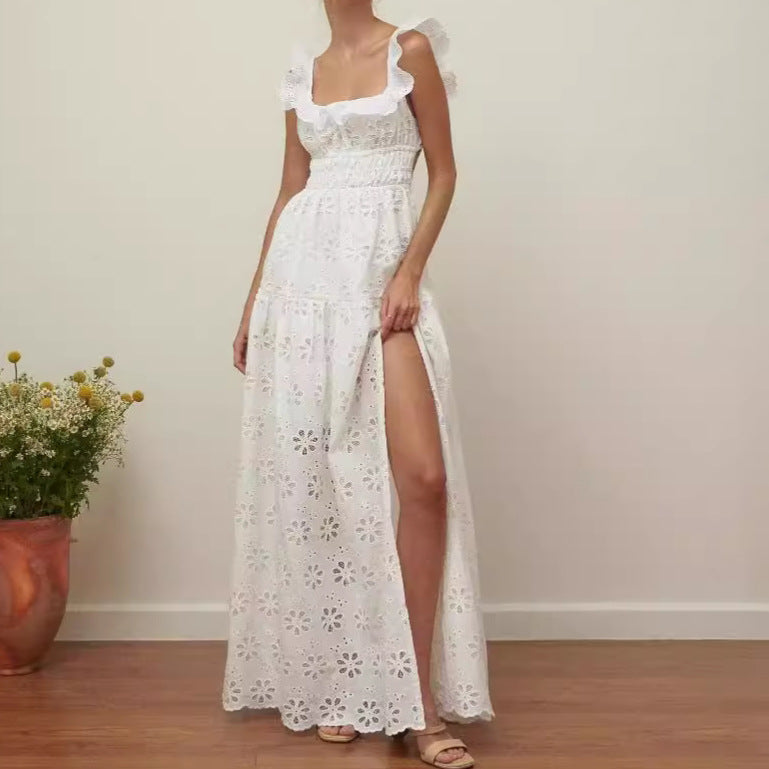 Robe femme – Sans manches, longueur entière – Broderie en coton – Bretelles froncées – Décolleté carré – Fente haute