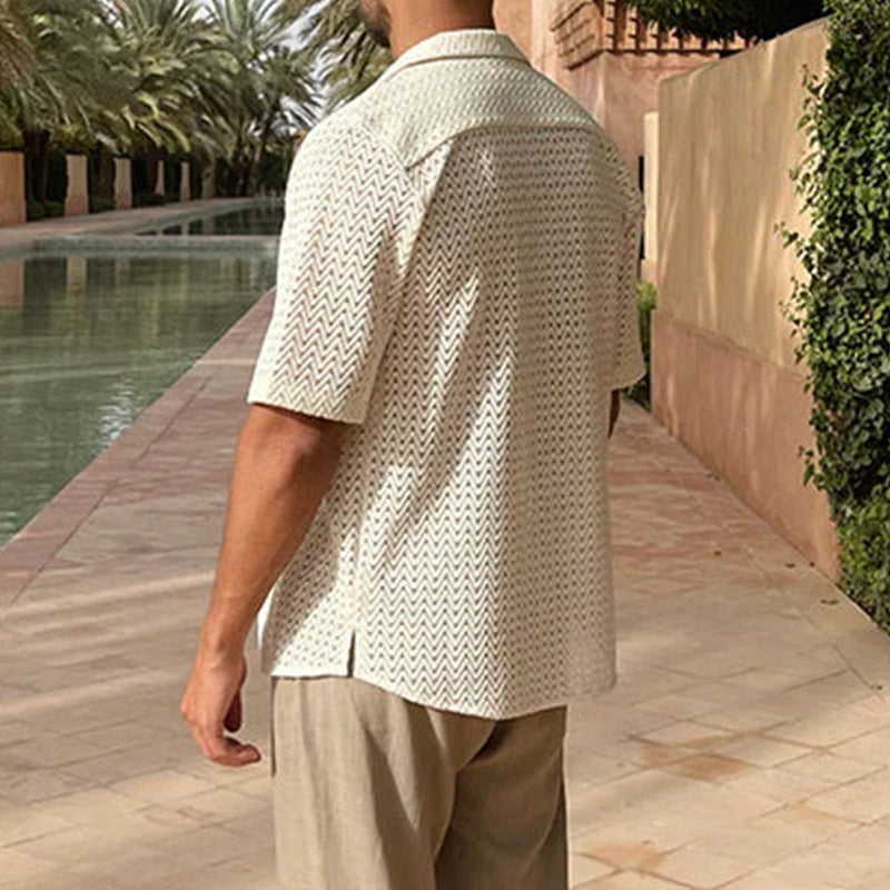 Cardigan pour hommes – Tricoté à manches courtes – Coupe ajustée – Motif ouvert – Boutons