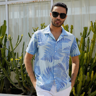 Chemise pour homme à manches courtes – Coupe décontractée – Tissu léger et respirant – Motif feuillage