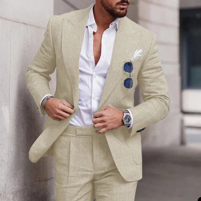 Costume de mariage en lin 2 pièces pour hommes - Design élégant à simple boutonnage