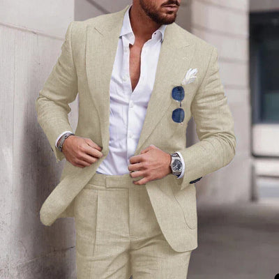 Costume de mariage en lin 2 pièces pour hommes - Design élégant à simple boutonnage