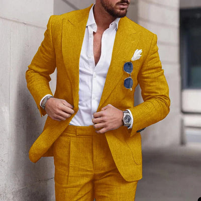 Costume de mariage en lin 2 pièces pour hommes - Design élégant à simple boutonnage