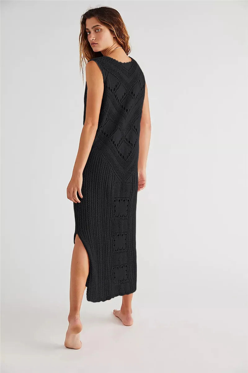 Robe en mesh – Coupe décontractée – Col en V – Tricot géométrique – Fente