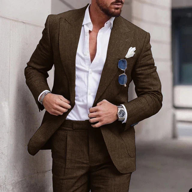 Costume de mariage en lin 2 pièces pour hommes - Design élégant à simple boutonnage