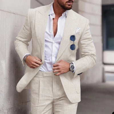 Costume de mariage en lin 2 pièces pour hommes - Design élégant à simple boutonnage