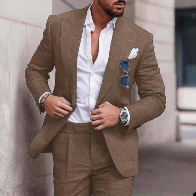 Costume de mariage en lin 2 pièces pour hommes - Design élégant à simple boutonnage