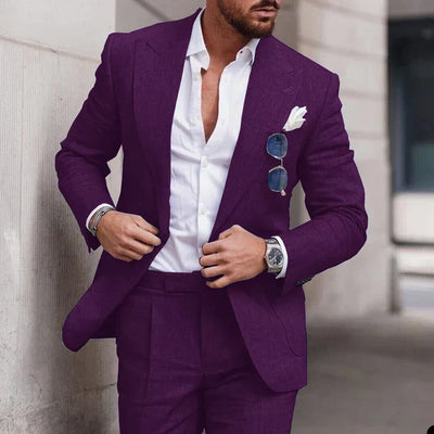 Costume de mariage en lin 2 pièces pour hommes - Design élégant à simple boutonnage