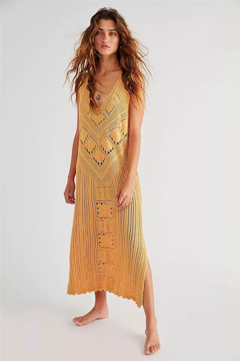 Robe en mesh – Coupe décontractée – Col en V – Tricot géométrique – Fente