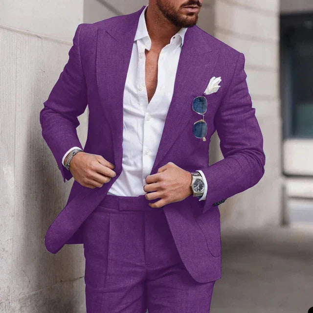 Costume de mariage en lin 2 pièces pour hommes - Design élégant à simple boutonnage